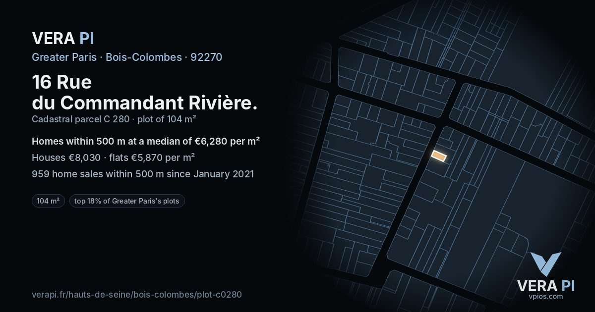 16 Rue du Commandant Rivière, Bois-Colombes at night – the plot lit, the parcels around coloured by the prices near them