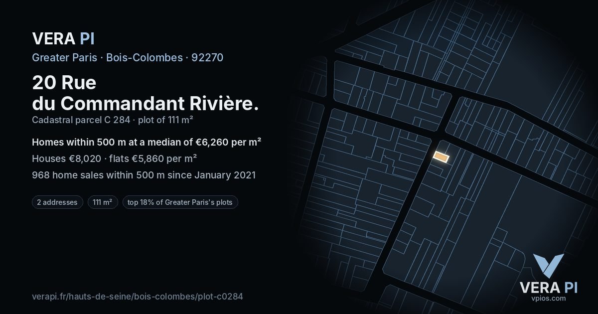 20 Rue du Commandant Rivière, Bois-Colombes at night – the plot lit, the parcels around coloured by the prices near them