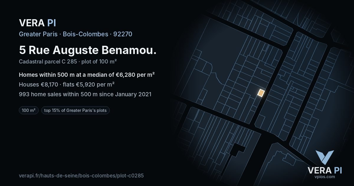 5 Rue Auguste Benamou, Bois-Colombes at night – the plot lit, the parcels around coloured by the prices near them