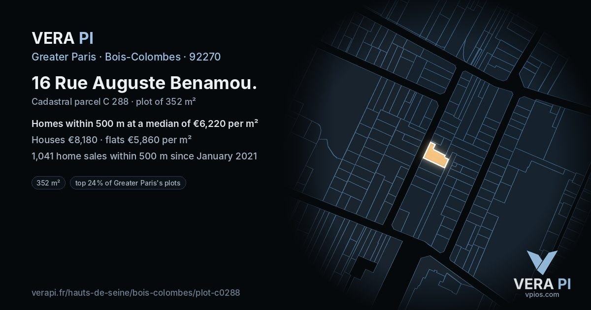 16 Rue Auguste Benamou, Bois-Colombes at night – the plot lit, the parcels around coloured by the prices near them