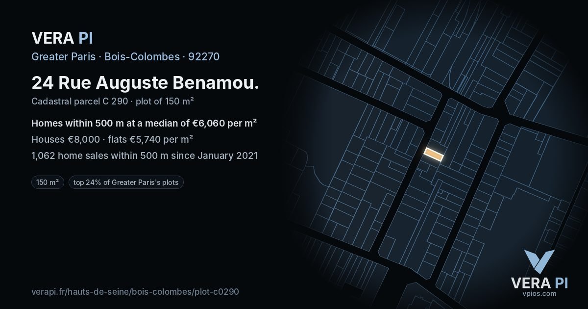24 Rue Auguste Benamou, Bois-Colombes at night – the plot lit, the parcels around coloured by the prices near them