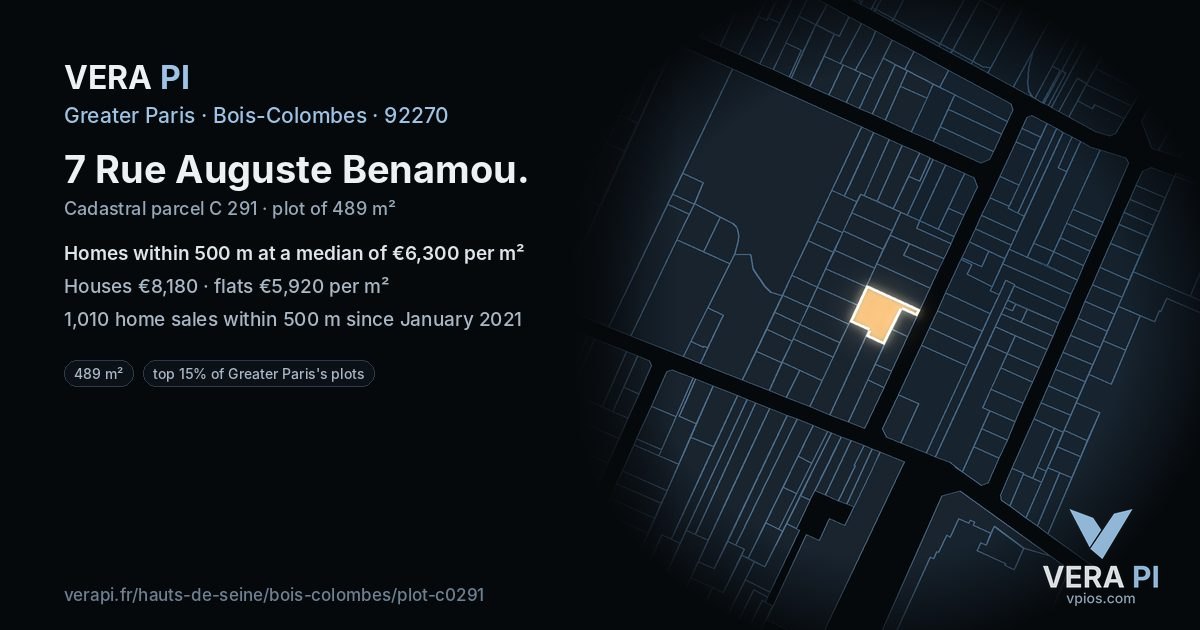 7 Rue Auguste Benamou, Bois-Colombes at night – the plot lit, the parcels around coloured by the prices near them