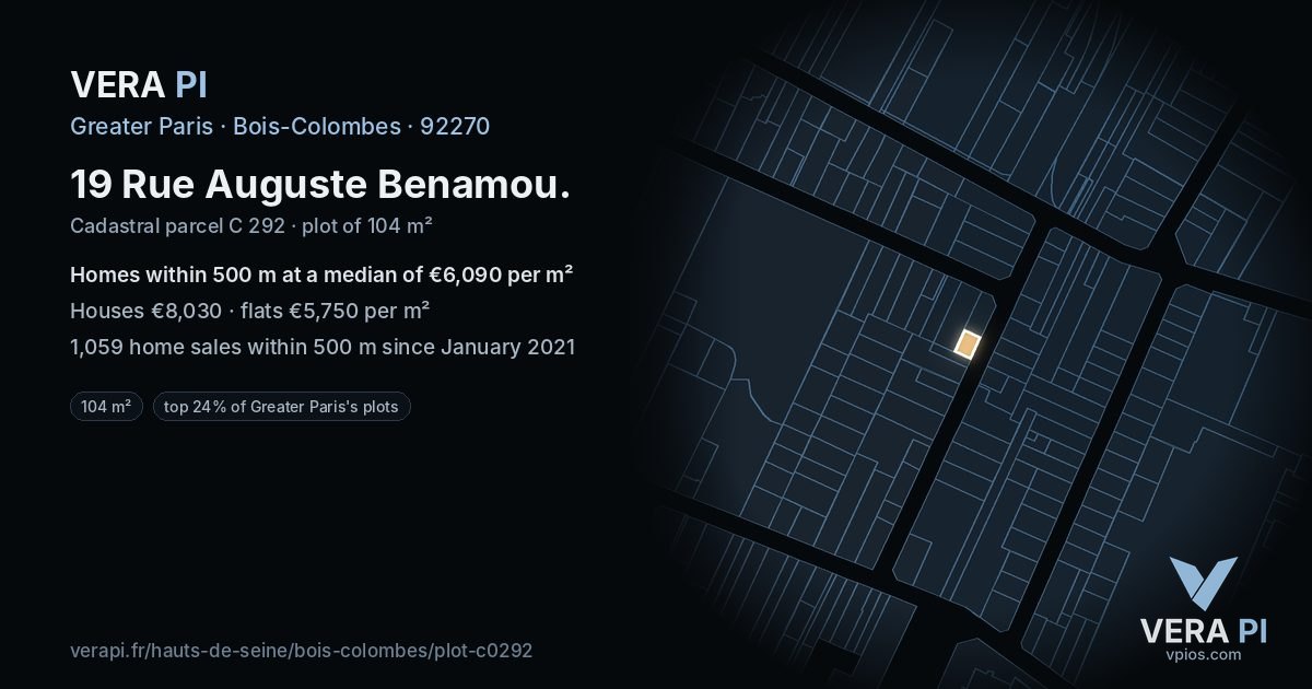 19 Rue Auguste Benamou, Bois-Colombes at night – the plot lit, the parcels around coloured by the prices near them