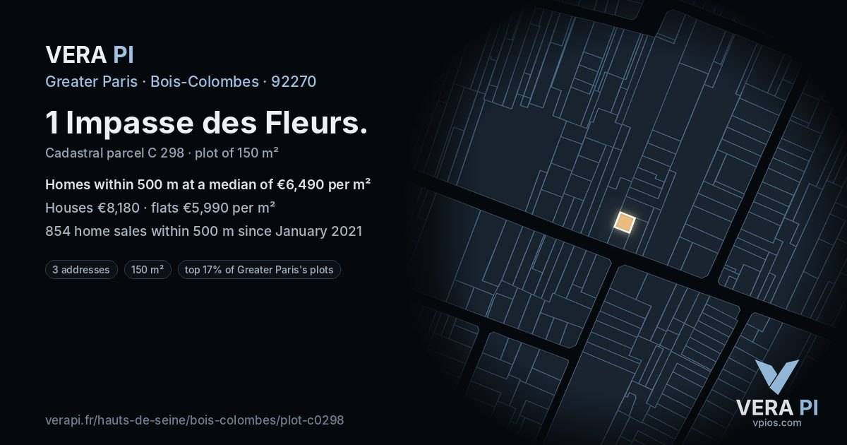 1 Impasse des Fleurs, Bois-Colombes at night – the plot lit, the parcels around coloured by the prices near them