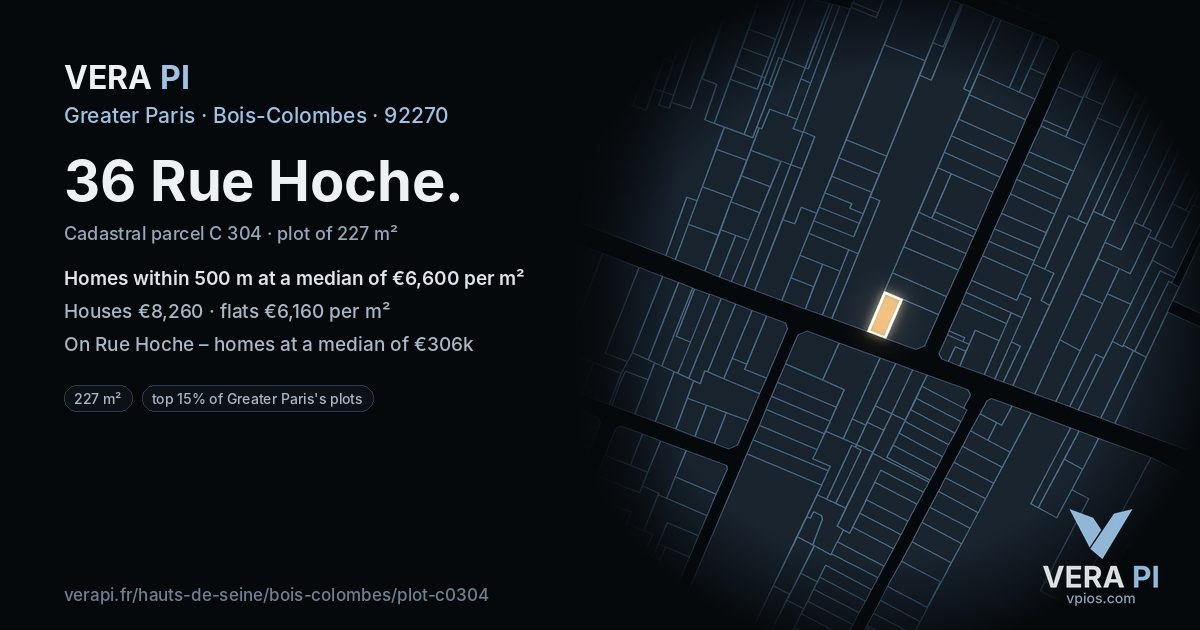 36 Rue Hoche, Bois-Colombes at night – the plot lit, the parcels around coloured by the prices near them