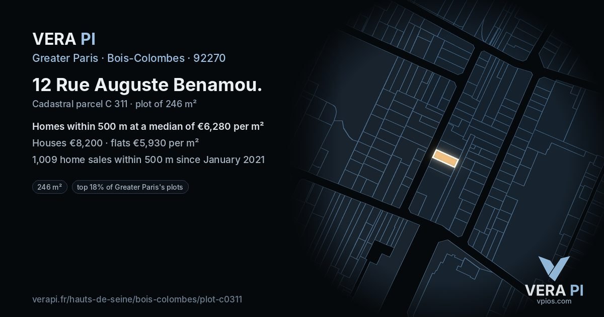 12 Rue Auguste Benamou, Bois-Colombes at night – the plot lit, the parcels around coloured by the prices near them