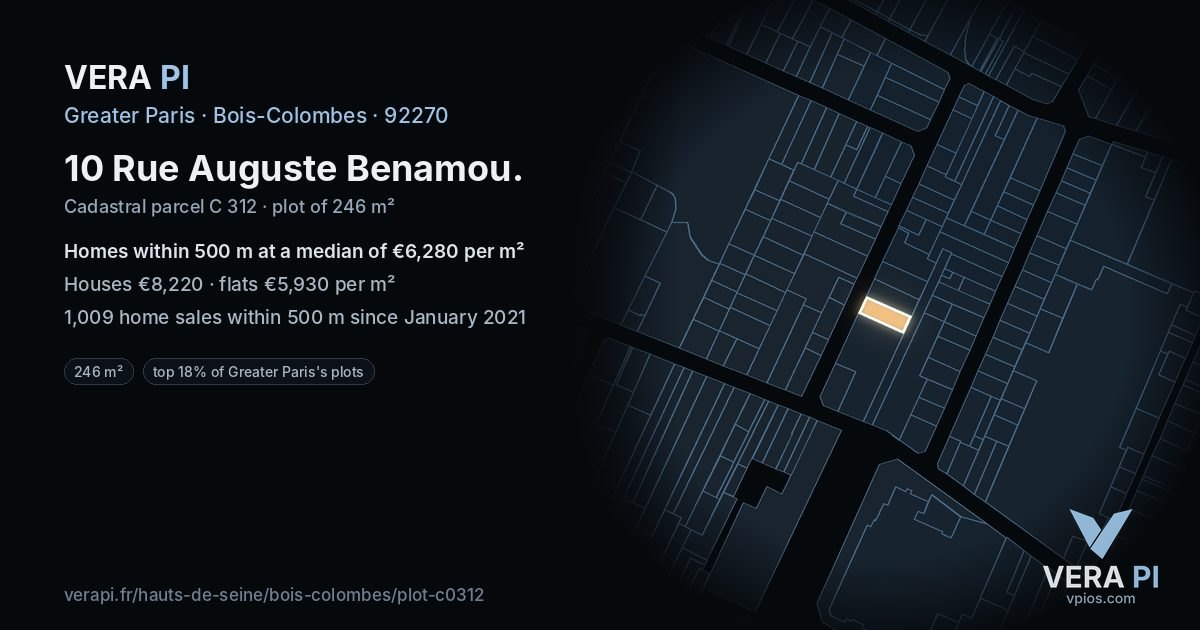 10 Rue Auguste Benamou, Bois-Colombes at night – the plot lit, the parcels around coloured by the prices near them