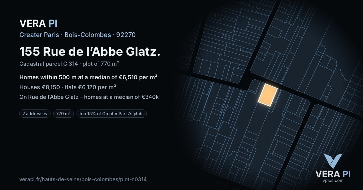 155 Rue de l’Abbe Glatz, Bois-Colombes at night – the plot lit, the parcels around coloured by the prices near them