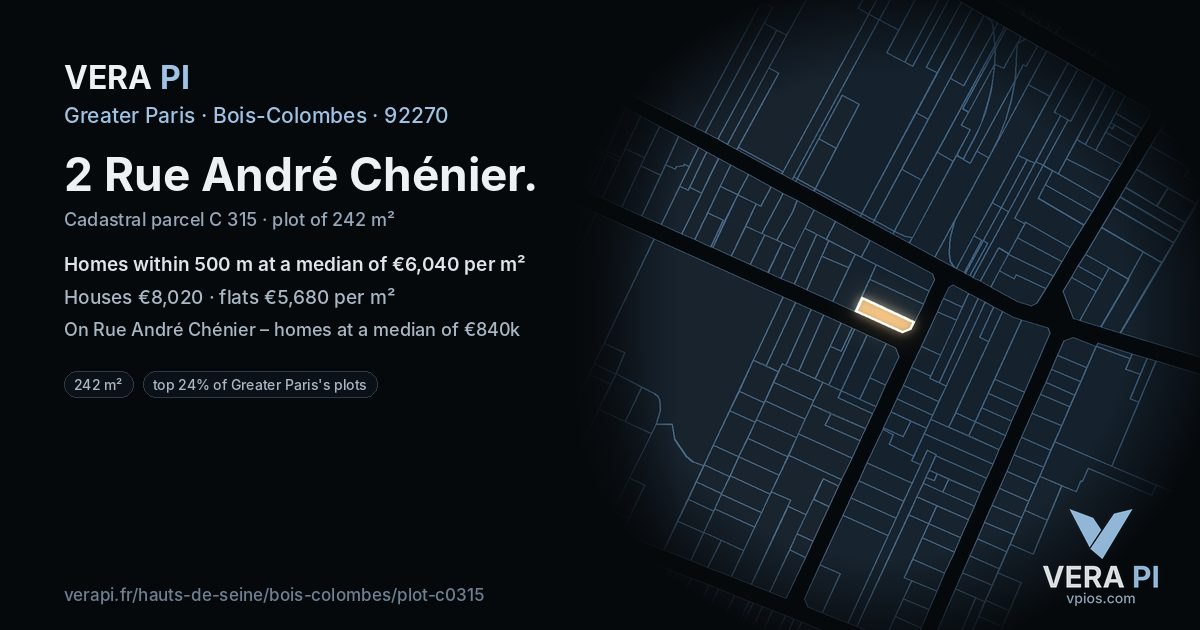 2 Rue André Chénier, Bois-Colombes at night – the plot lit, the parcels around coloured by the prices near them