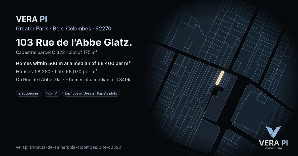 103 Rue de l’Abbe Glatz, Bois-Colombes at night – the plot lit, the parcels around coloured by the prices near them