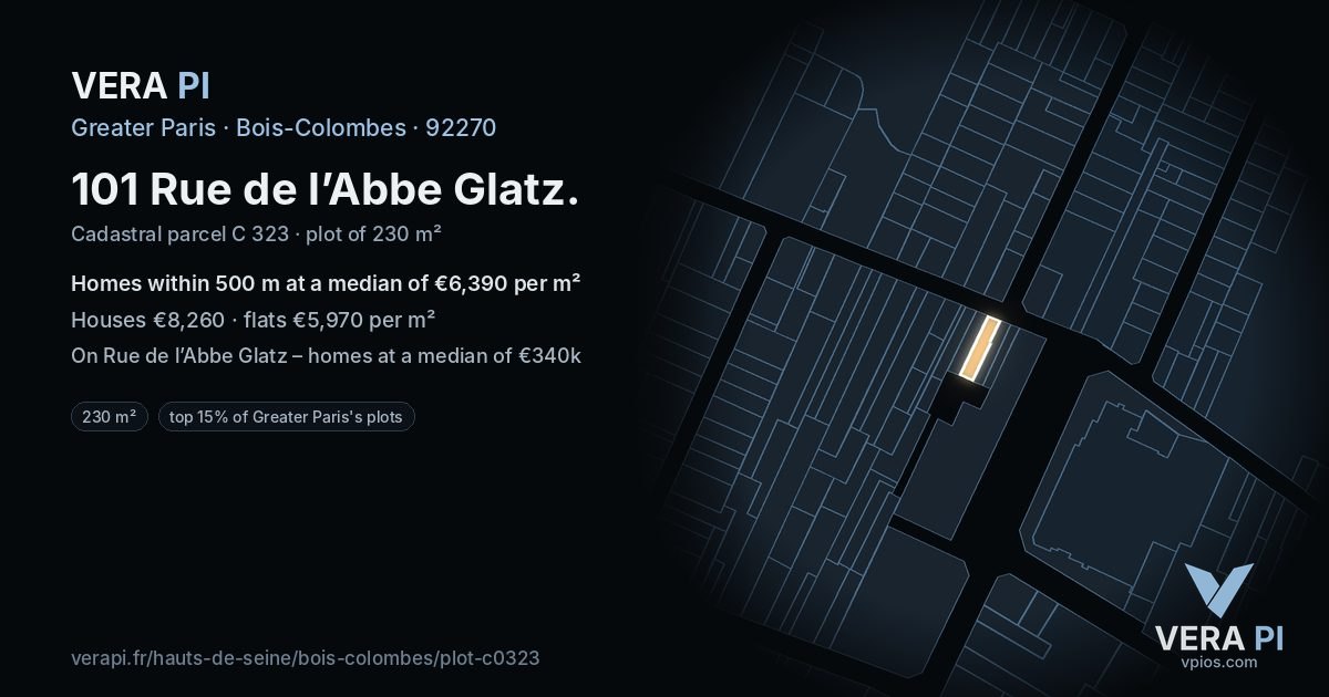 101 Rue de l’Abbe Glatz, Bois-Colombes at night – the plot lit, the parcels around coloured by the prices near them