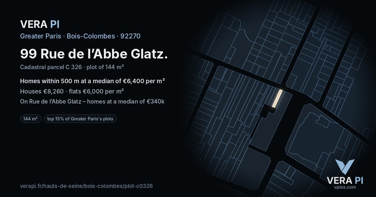 99 Rue de l’Abbe Glatz, Bois-Colombes at night – the plot lit, the parcels around coloured by the prices near them