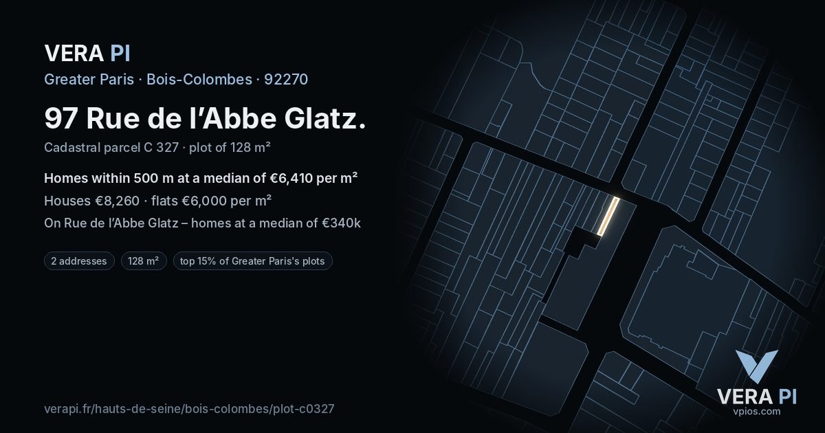 97 Rue de l’Abbe Glatz, Bois-Colombes at night – the plot lit, the parcels around coloured by the prices near them