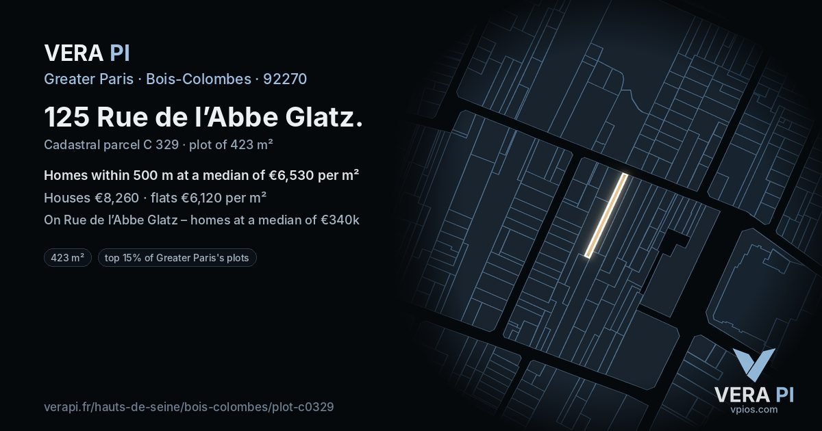 125 Rue de l’Abbe Glatz, Bois-Colombes at night – the plot lit, the parcels around coloured by the prices near them