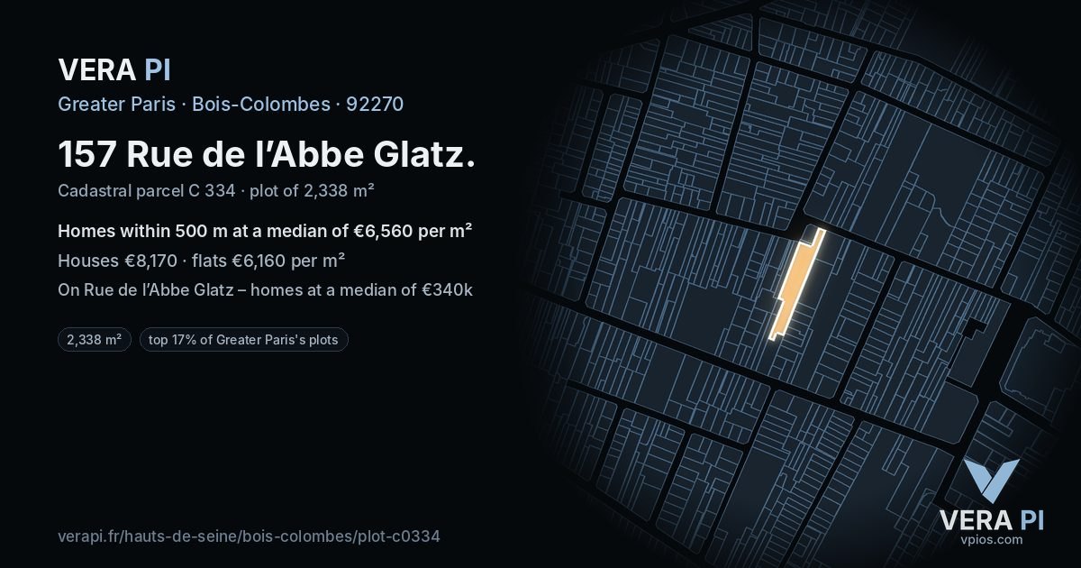 157 Rue de l’Abbe Glatz, Bois-Colombes at night – the plot lit, the parcels around coloured by the prices near them