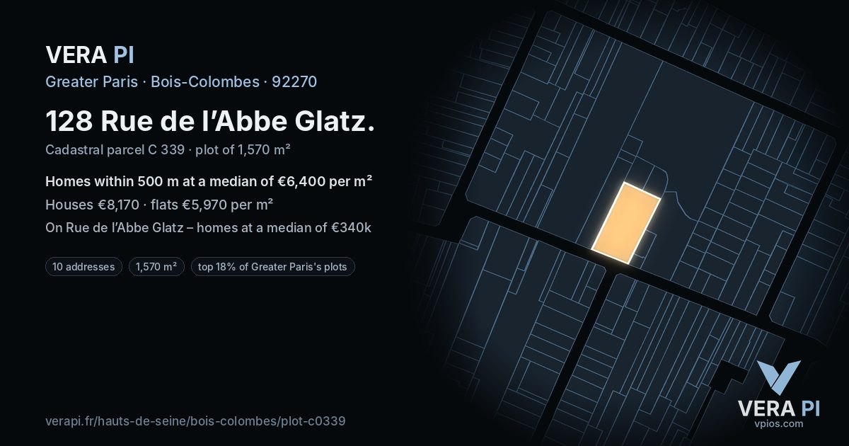128 Rue de l’Abbe Glatz, Bois-Colombes at night – the plot lit, the parcels around coloured by the prices near them