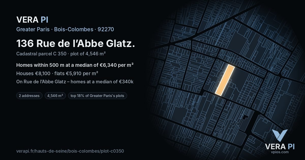 136 Rue de l’Abbe Glatz, Bois-Colombes at night – the plot lit, the parcels around coloured by the prices near them