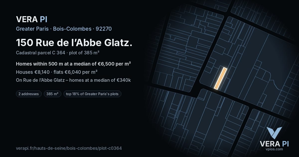 150 Rue de l’Abbe Glatz, Bois-Colombes at night – the plot lit, the parcels around coloured by the prices near them