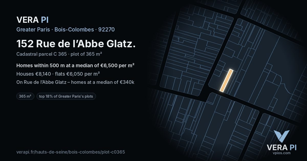 152 Rue de l’Abbe Glatz, Bois-Colombes at night – the plot lit, the parcels around coloured by the prices near them