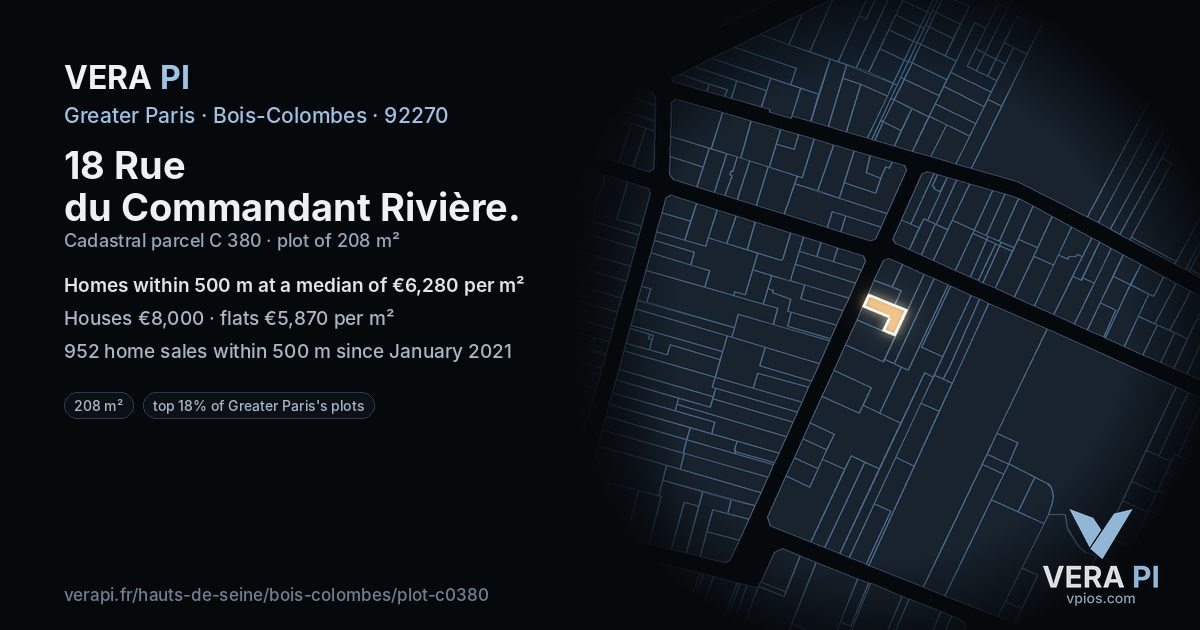 18 Rue du Commandant Rivière, Bois-Colombes at night – the plot lit, the parcels around coloured by the prices near them