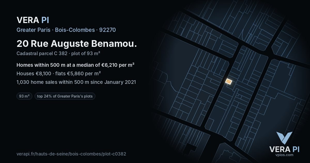20 Rue Auguste Benamou, Bois-Colombes at night – the plot lit, the parcels around coloured by the prices near them