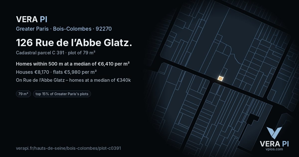 126 Rue de l’Abbe Glatz, Bois-Colombes at night – the plot lit, the parcels around coloured by the prices near them