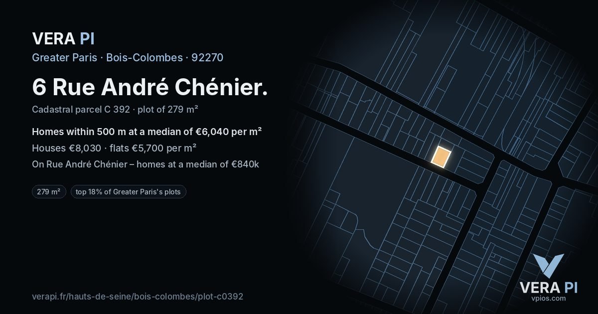 6 Rue André Chénier, Bois-Colombes at night – the plot lit, the parcels around coloured by the prices near them