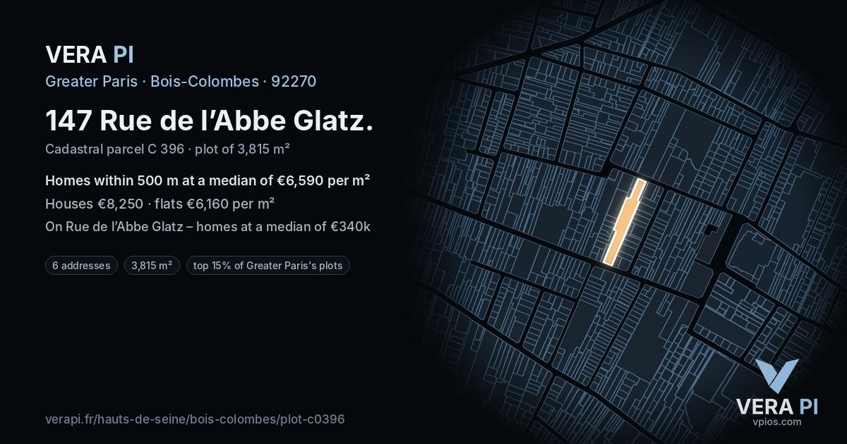 147 Rue de l’Abbe Glatz, Bois-Colombes at night – the plot lit, the parcels around coloured by the prices near them