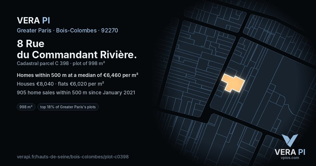 8 Rue du Commandant Rivière, Bois-Colombes at night – the plot lit, the parcels around coloured by the prices near them