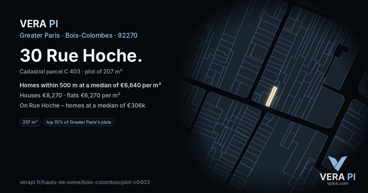 30 Rue Hoche, Bois-Colombes at night – the plot lit, the parcels around coloured by the prices near them