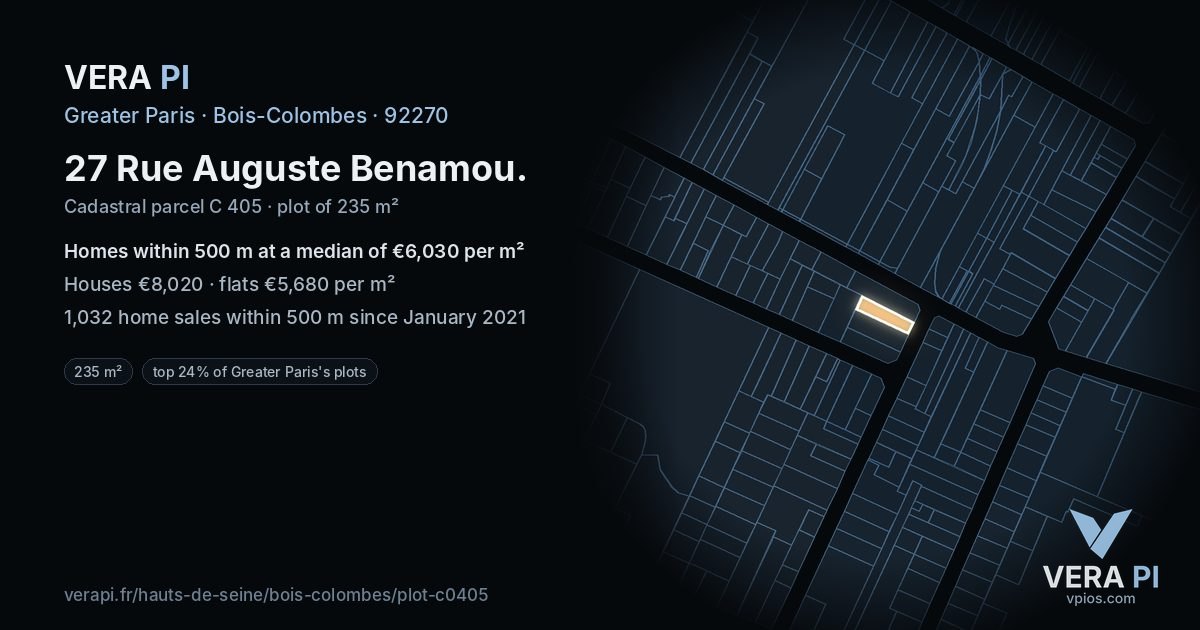 27 Rue Auguste Benamou, Bois-Colombes at night – the plot lit, the parcels around coloured by the prices near them