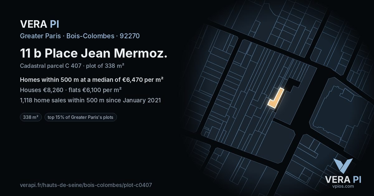 11 b Place Jean Mermoz, Bois-Colombes at night – the plot lit, the parcels around coloured by the prices near them