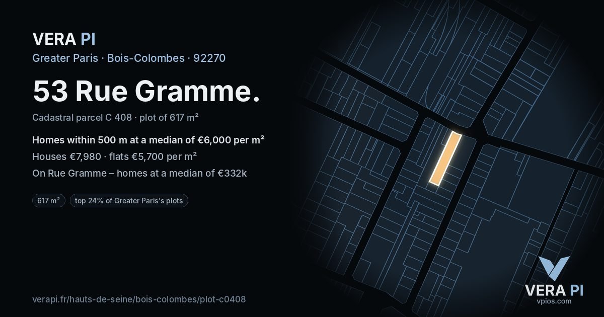 53 Rue Gramme, Bois-Colombes at night – the plot lit, the parcels around coloured by the prices near them