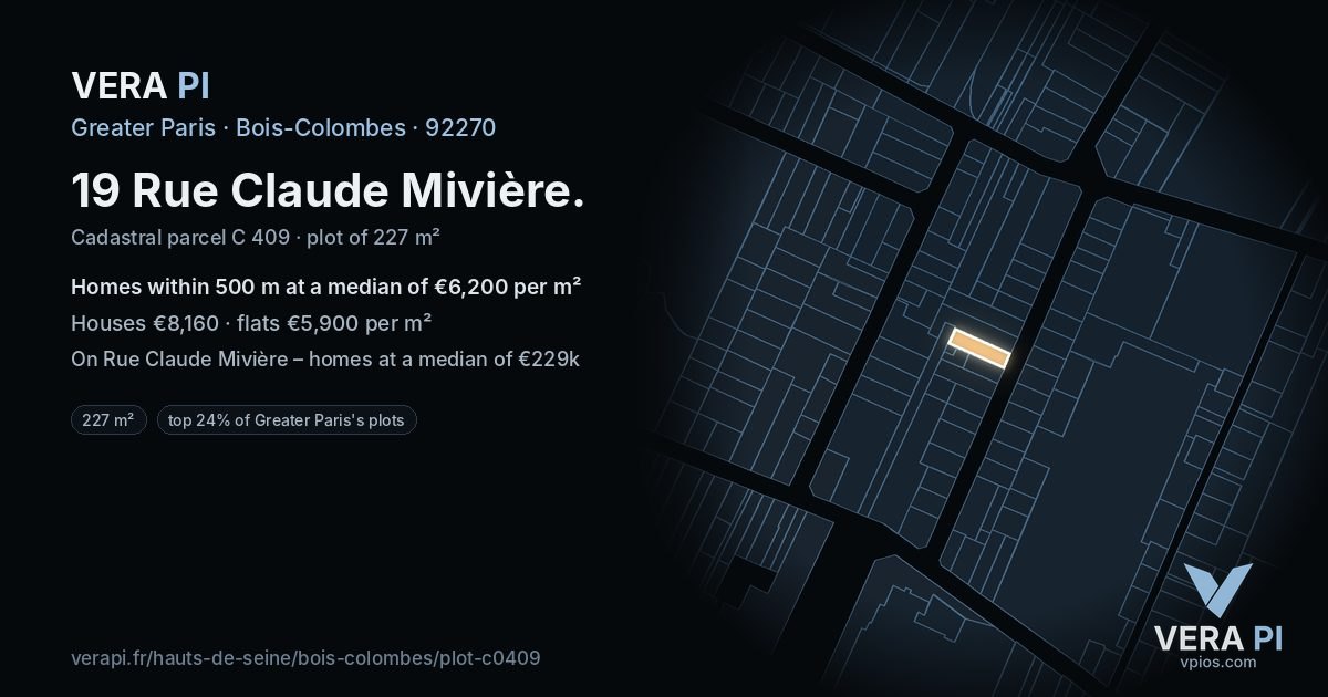 19 Rue Claude Mivière, Bois-Colombes at night – the plot lit, the parcels around coloured by the prices near them