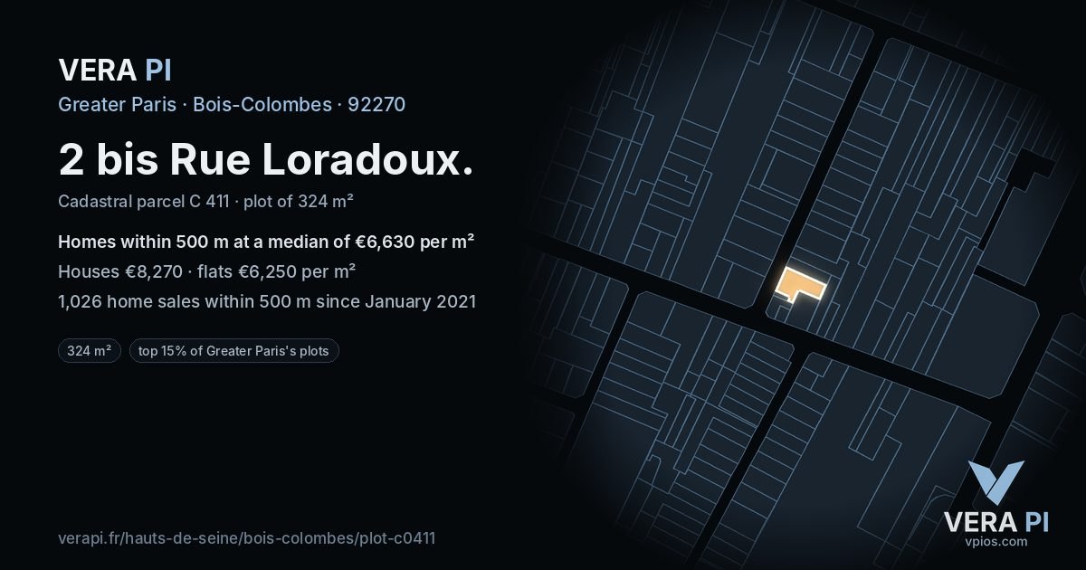 2 bis Rue Loradoux, Bois-Colombes at night – the plot lit, the parcels around coloured by the prices near them