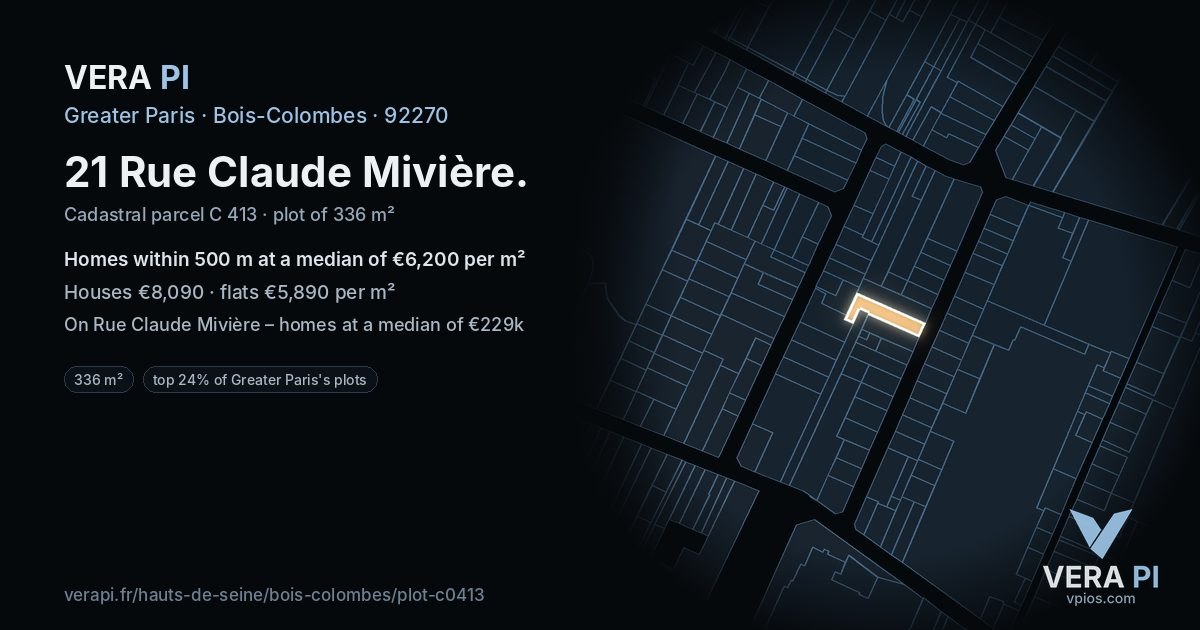 21 Rue Claude Mivière, Bois-Colombes at night – the plot lit, the parcels around coloured by the prices near them