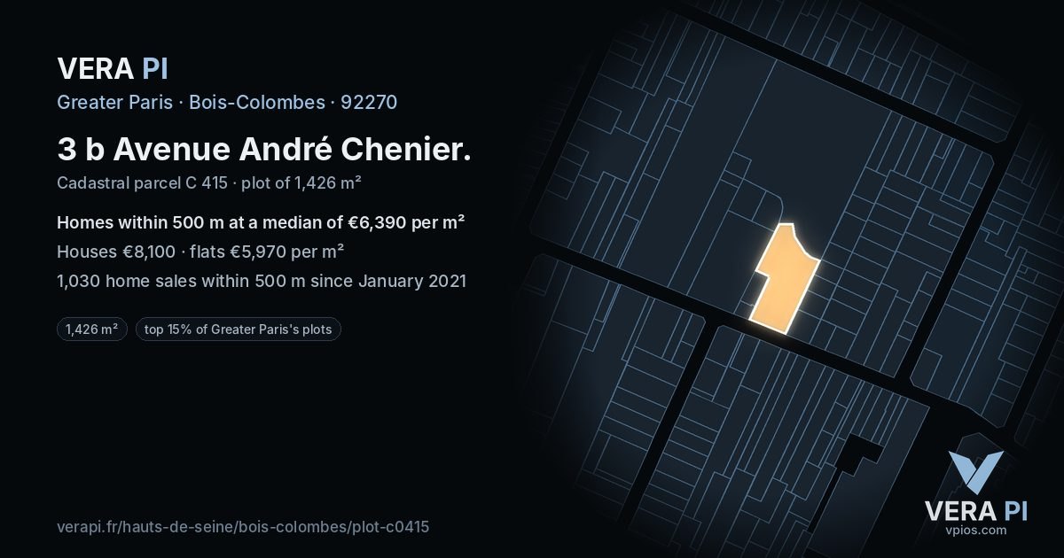 3 b Avenue André Chenier, Bois-Colombes at night – the plot lit, the parcels around coloured by the prices near them