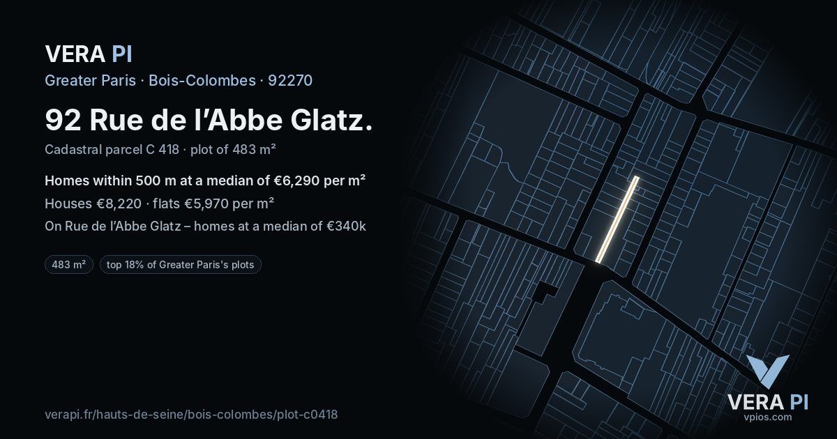 92 Rue de l’Abbe Glatz, Bois-Colombes at night – the plot lit, the parcels around coloured by the prices near them