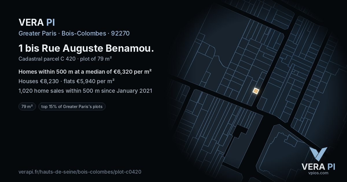 1 bis Rue Auguste Benamou, Bois-Colombes at night – the plot lit, the parcels around coloured by the prices near them