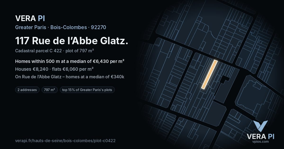 117 Rue de l’Abbe Glatz, Bois-Colombes at night – the plot lit, the parcels around coloured by the prices near them