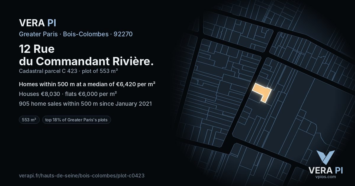 12 Rue du Commandant Rivière, Bois-Colombes at night – the plot lit, the parcels around coloured by the prices near them