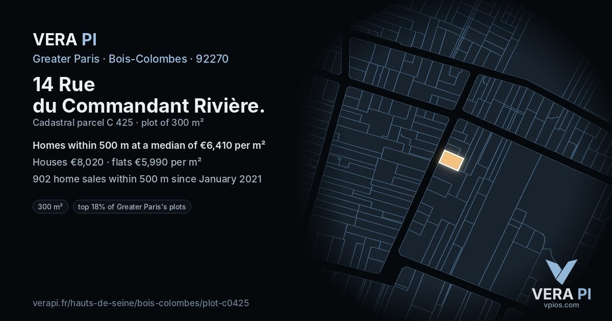 14 Rue du Commandant Rivière, Bois-Colombes at night – the plot lit, the parcels around coloured by the prices near them