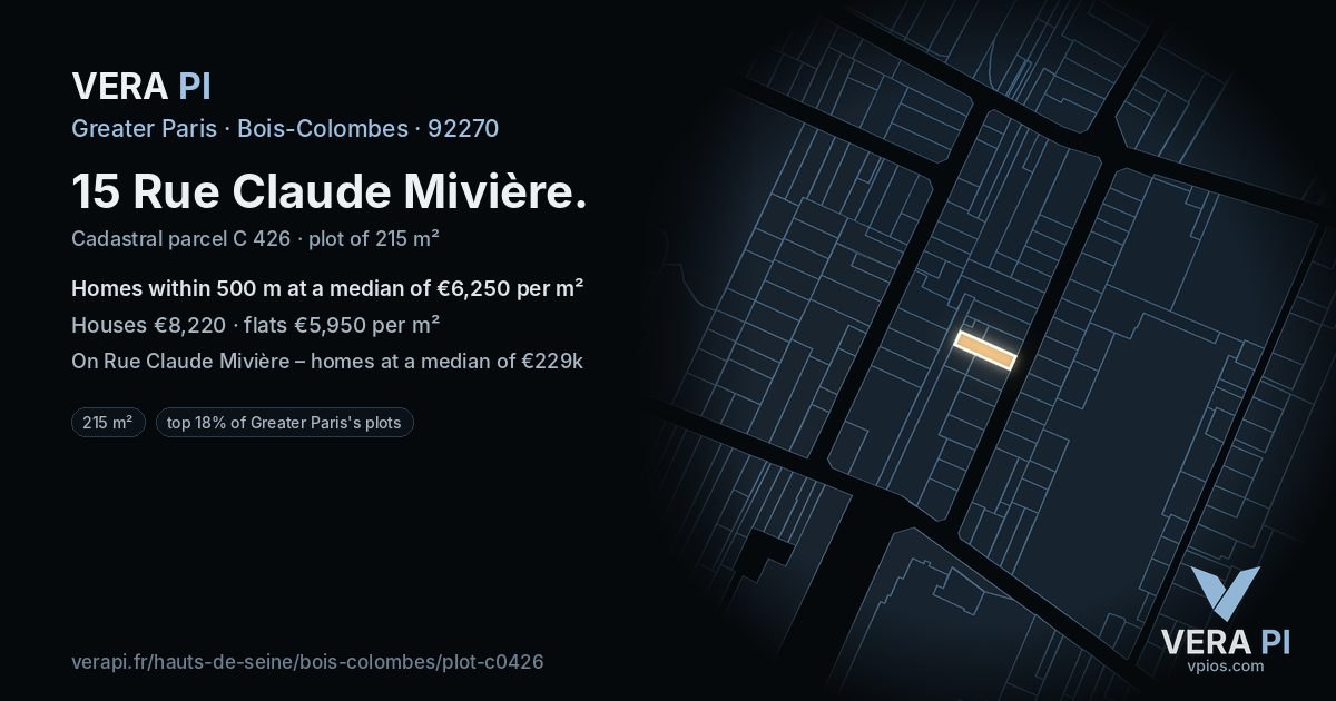 15 Rue Claude Mivière, Bois-Colombes at night – the plot lit, the parcels around coloured by the prices near them