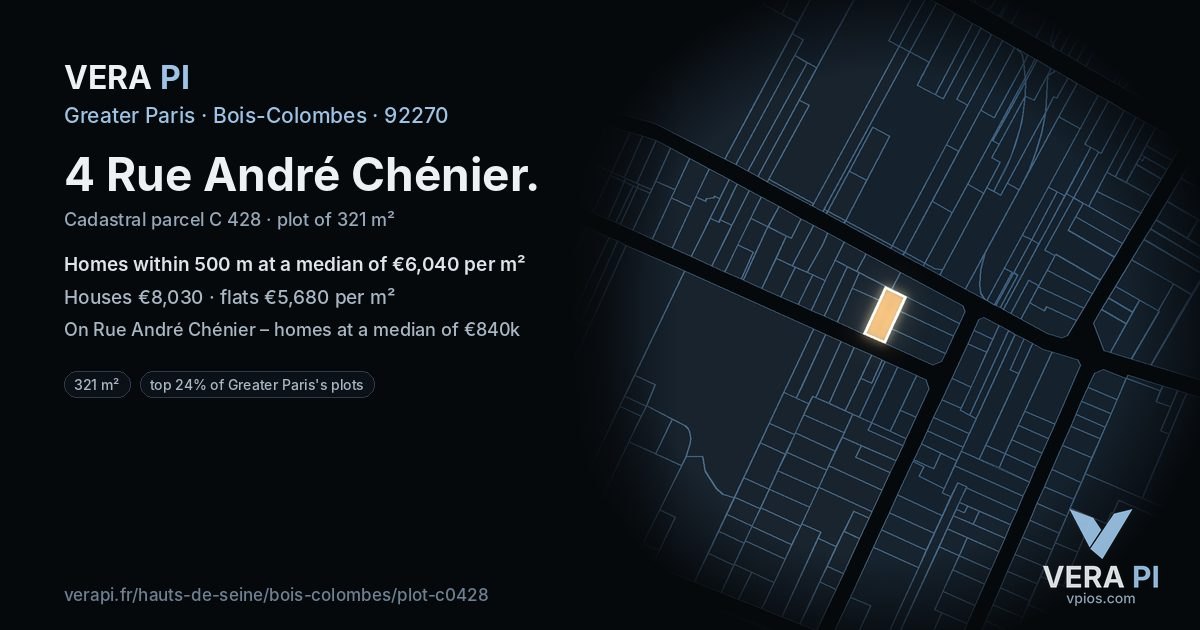 4 Rue André Chénier, Bois-Colombes at night – the plot lit, the parcels around coloured by the prices near them