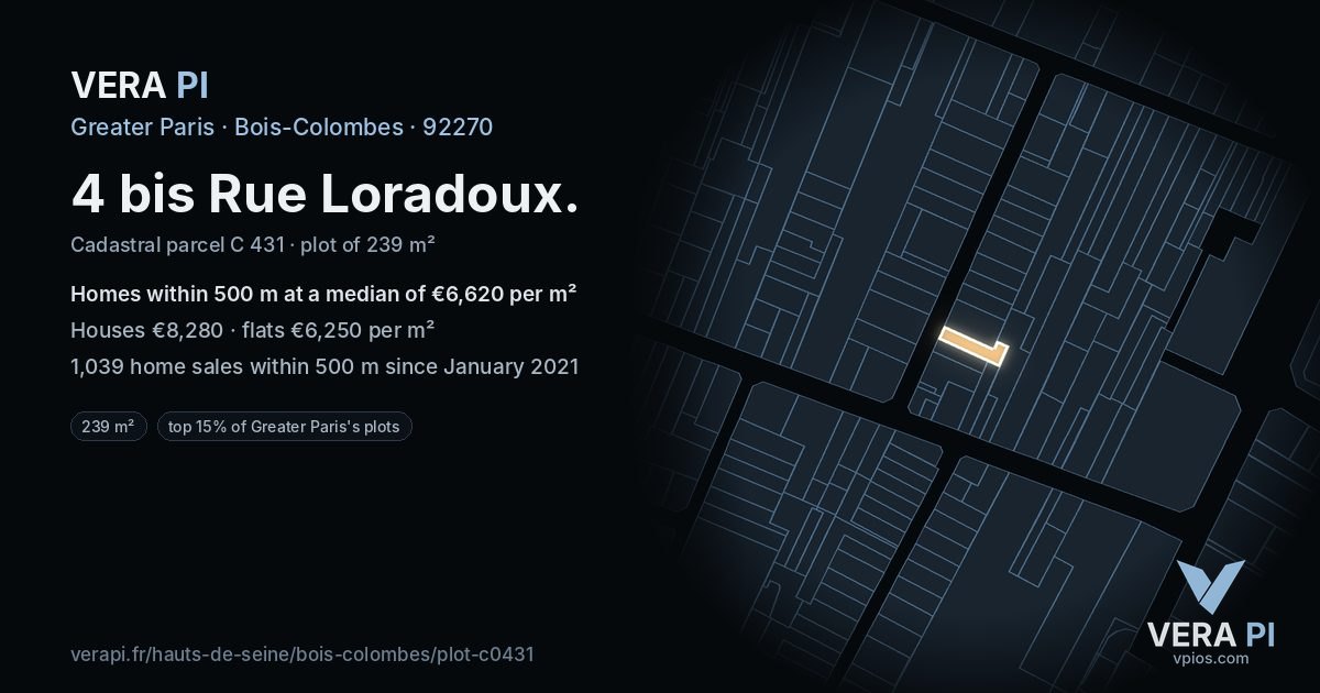4 bis Rue Loradoux, Bois-Colombes at night – the plot lit, the parcels around coloured by the prices near them