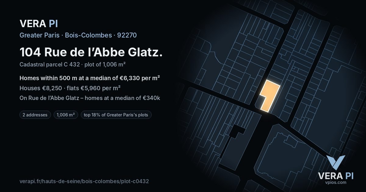 104 Rue de l’Abbe Glatz, Bois-Colombes at night – the plot lit, the parcels around coloured by the prices near them
