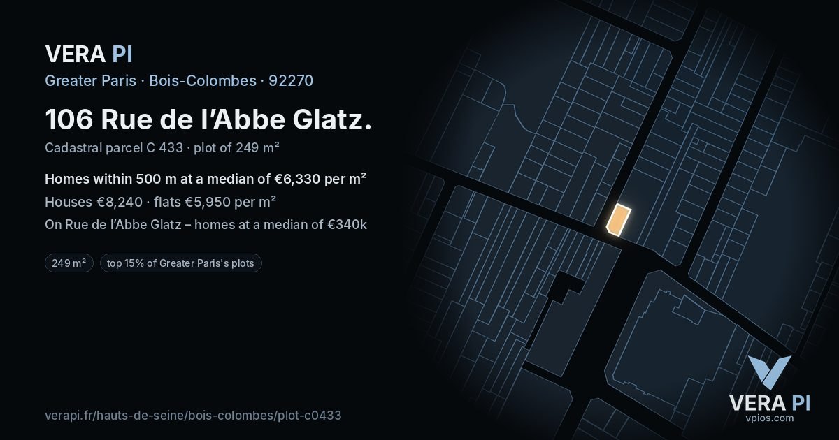 106 Rue de l’Abbe Glatz, Bois-Colombes at night – the plot lit, the parcels around coloured by the prices near them