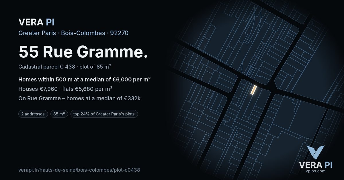 55 Rue Gramme, Bois-Colombes at night – the plot lit, the parcels around coloured by the prices near them