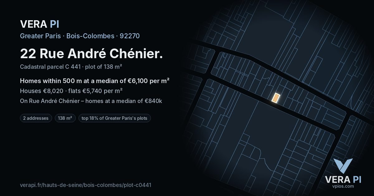 22 Rue André Chénier, Bois-Colombes at night – the plot lit, the parcels around coloured by the prices near them