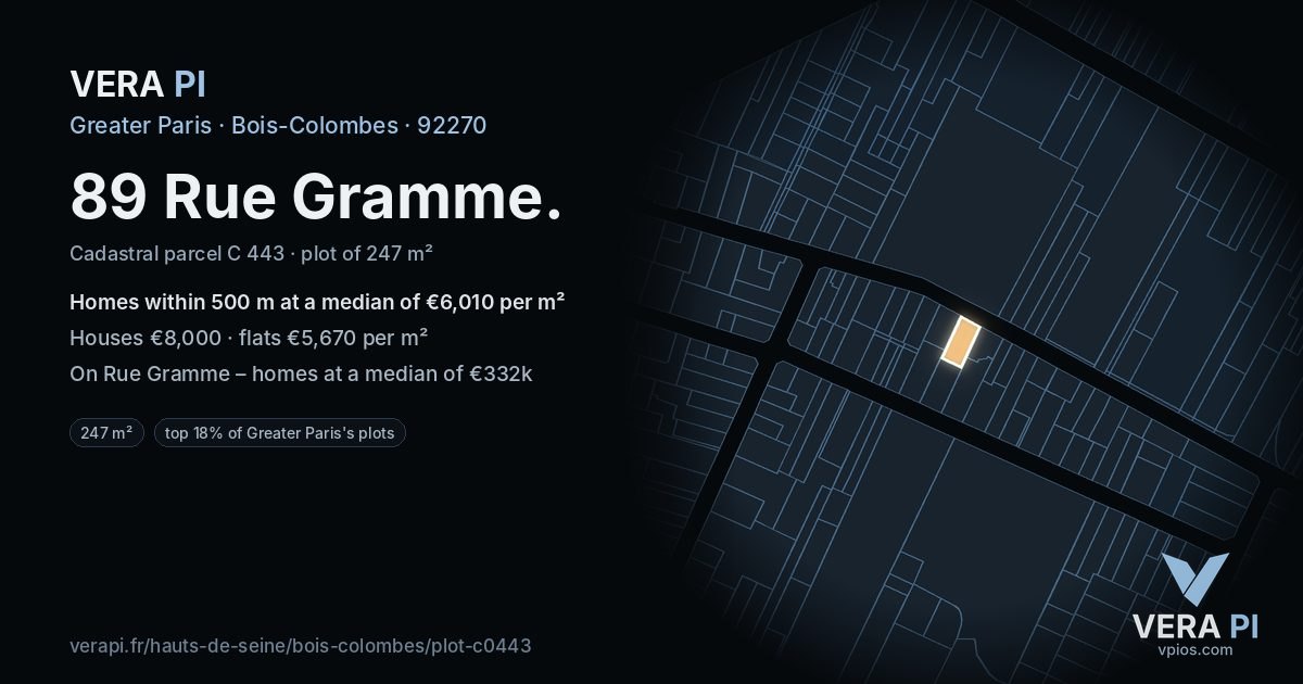 89 Rue Gramme, Bois-Colombes at night – the plot lit, the parcels around coloured by the prices near them